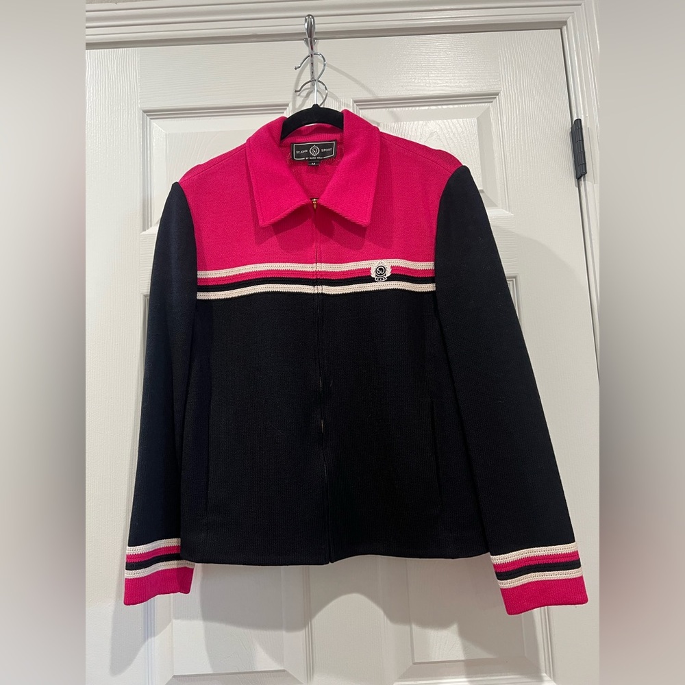 ST JOHN Sport Women's Blazer Navy Blue Pink White Striped With Zipper Size M